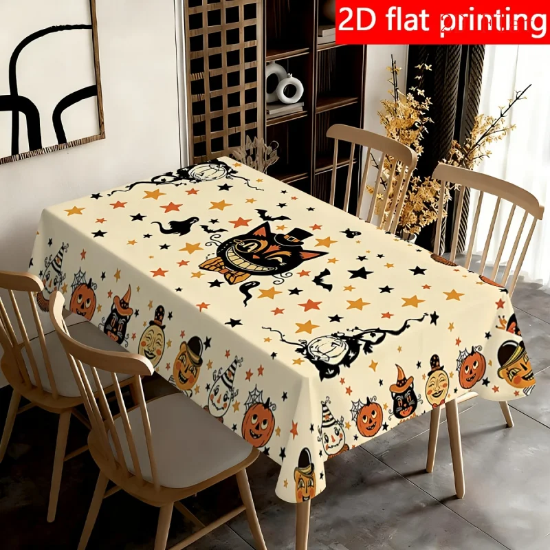 2D Flat Rectangular Tablecloth - Vintage multi-colored Halloween style tablecloth with pumpkins, ghosts, bats and cats