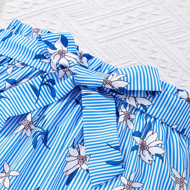Two Piece Summer Girl Cute Cool And Breathable Printed Shoulder Strap Shorts Belt Decoration Princess Birthday Party Costume Set