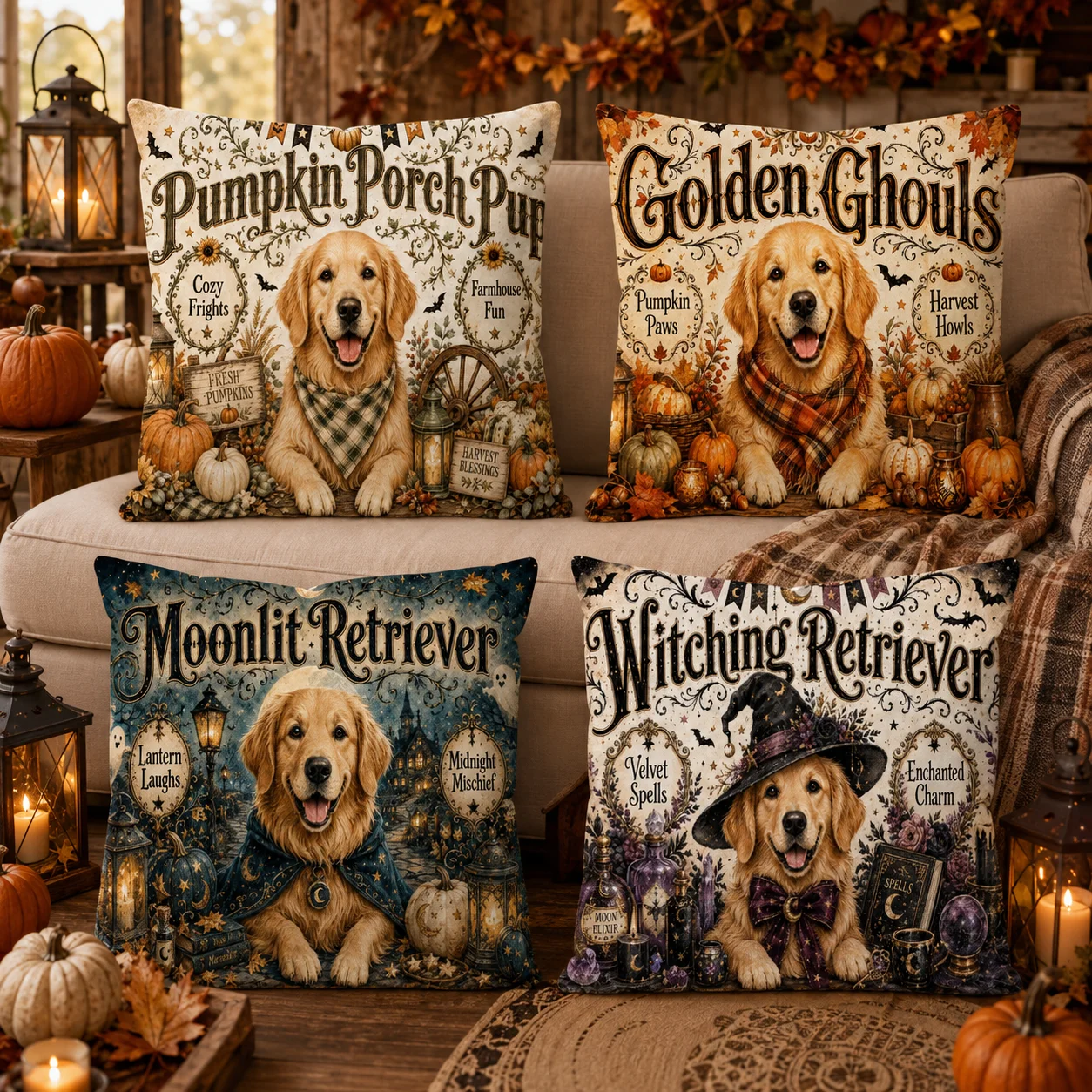 Golden Retriever Boo Party Cushion Cover Double-Sided Plush Sofa Cushion Covers Organic Breathable Invisible Zipper
