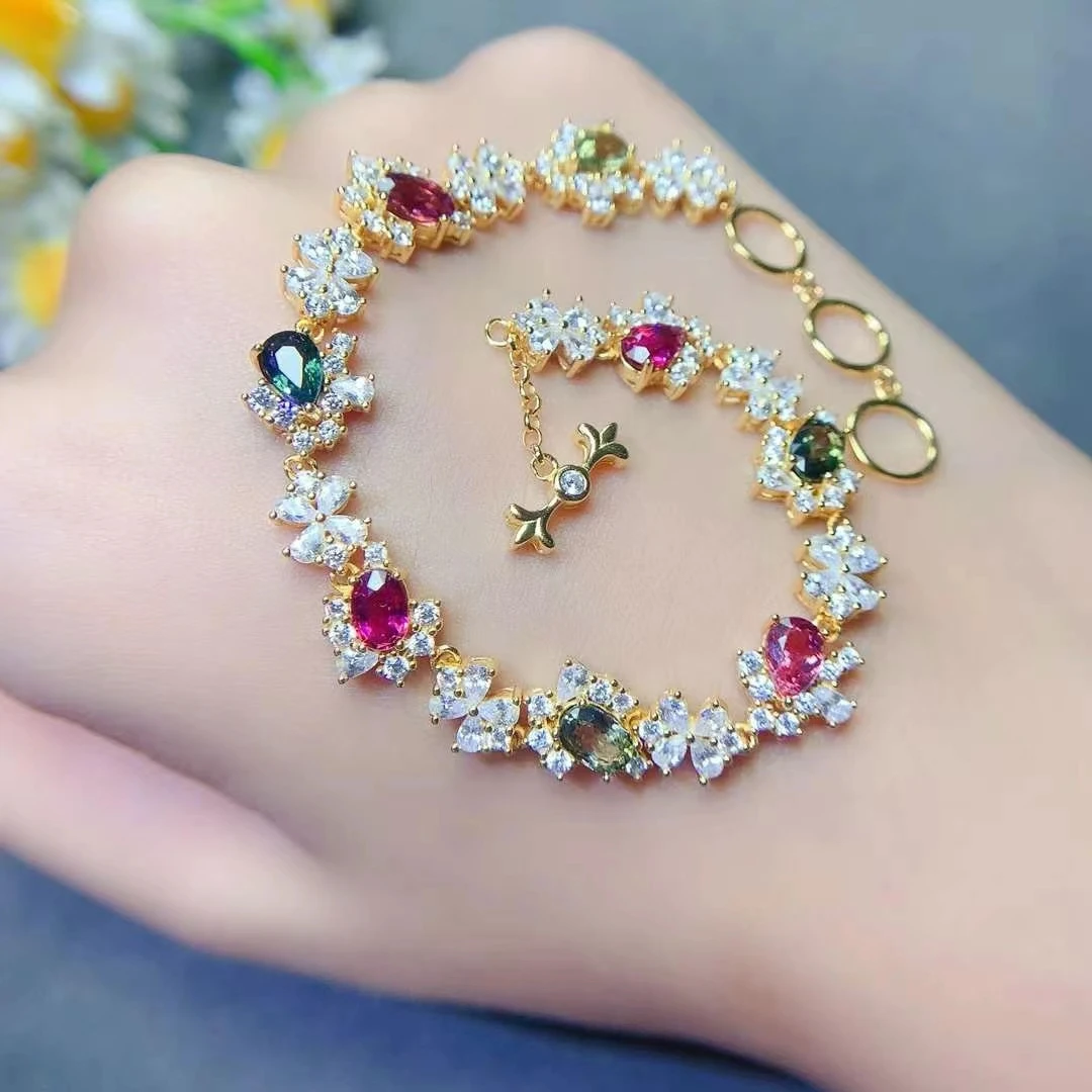 Unique Design Multi Tourmaline Bracelet for Party 4mm*6mm Total 4ct Natural Tourmaline 925 Silver Bracelet with 18K Gold Plating