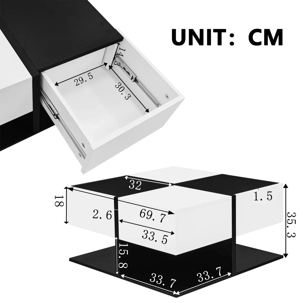 Moderner quadratischer Couchtisch in Schwarz und Weiß mit Stauraum und Schubladenschienen, 70 x 70 x 35,5 cm – Detail 4