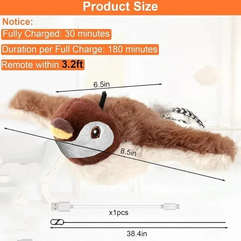 Flapping Bird Cat Toy - Interactive, Squeaking, Chirping, 2 Modes, USB Rechargeable, Great Gift for Cats