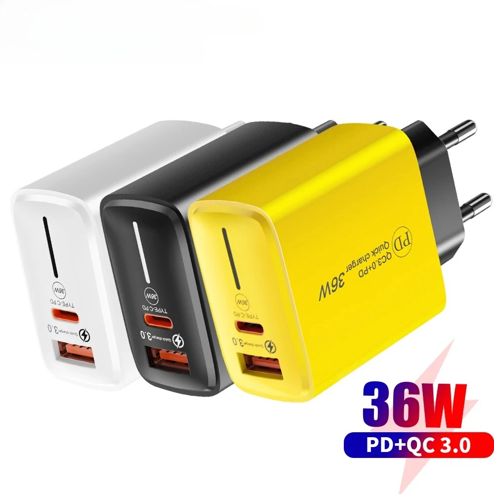 36W USB Charger Fast Charging EU/US Plug Travel Wall Charger For iPhone Samsung Xiaomi Huawei Type C Quick Phone Charger Adapter