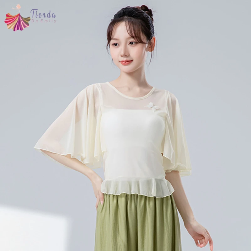 

Классический танцевальный сетчатый топ, женская струящаяся широкая футболка с короткими рукавами и рюшами по подолу, прозрачная футболка, тренировочные костюмы для выступлений, летняя блузка