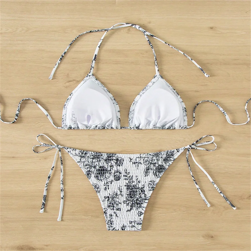 Pleated Wrinkled Bikini Print Swimsuit String Lace Up Backless Swimwear Y2K Micro Bathing Suit Women Beach Outfit Bikinis Femmes