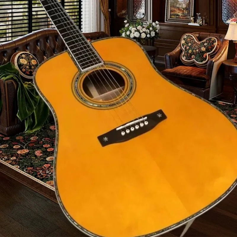 D42 Folk Acoustic Guitar Full Abalone Inlay Ebony Fingerboard Rosewood Back Sides Full Rich Tone Ideal Strumming Fingerpicking