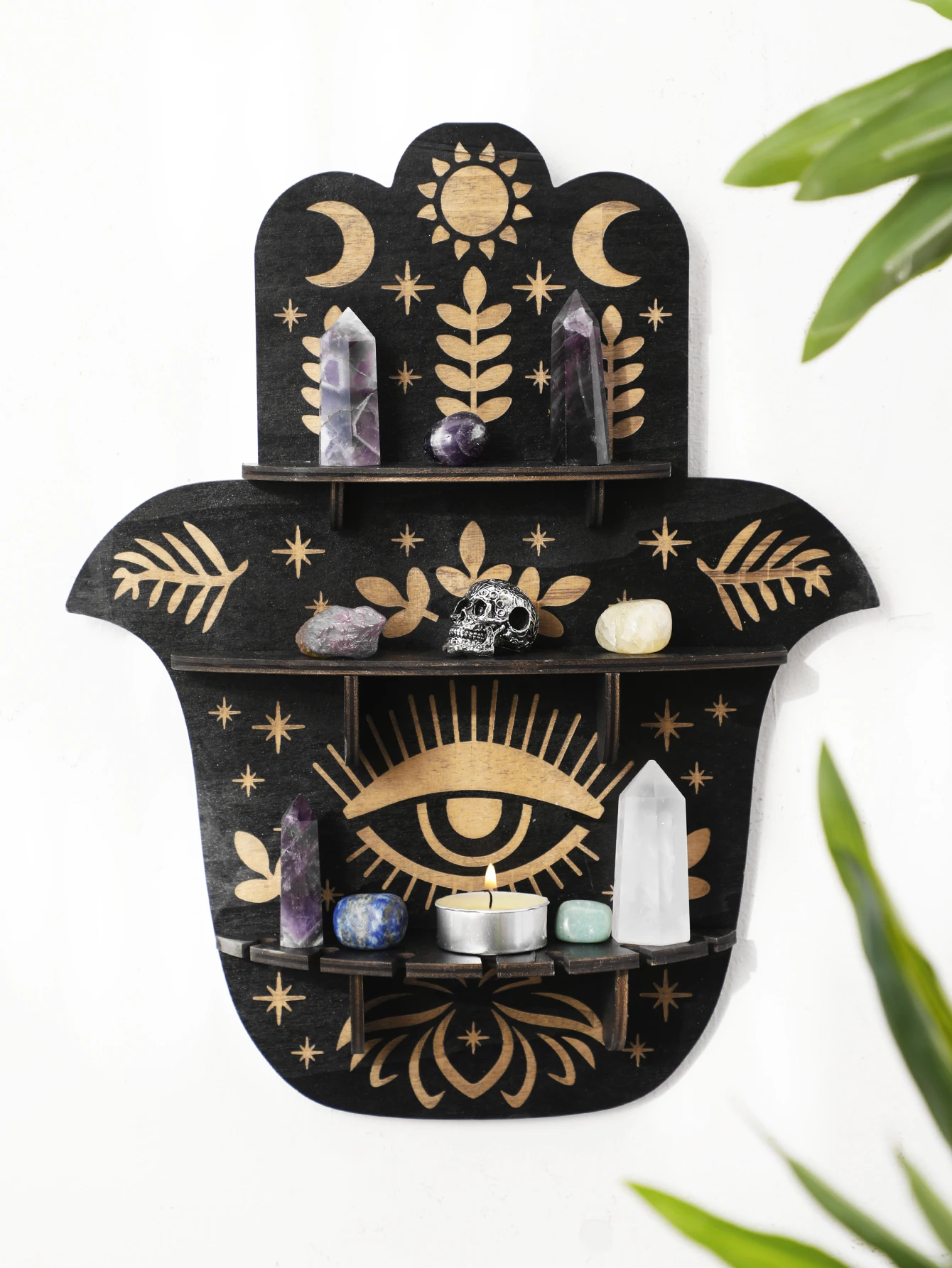 Schwarzes hölzernes Wandregal Boho Hamsa Handform Wanddekoration Hängende Regale Kristallständer Leiste Evil Eye Gothic Home Decor