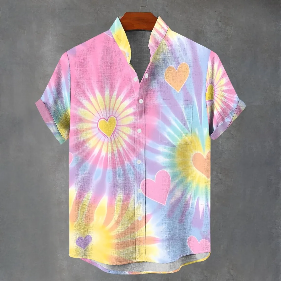 

Новая рубашка в Европе и Америке 2025 года, летняя льняная рубашка с короткими рукавами и пуговицами с 3D сердечками и воротником-стойкой