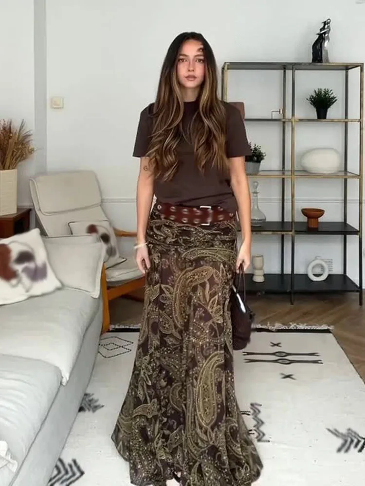 HH Woman Autumn Elegant Slim Street Style Midi Skirts Women Vintage Printed Skirt High Waist Pleated Chic Side Zipper Skirts