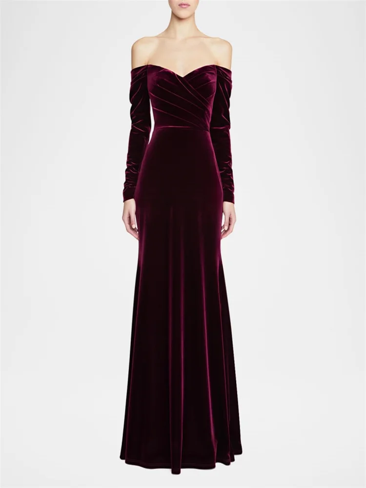 Customized Off Shoulder Neckline Long Sleeves A-Line Velvet Evening Dress Elegant Open Back Zipper Floor Length Gown For Women