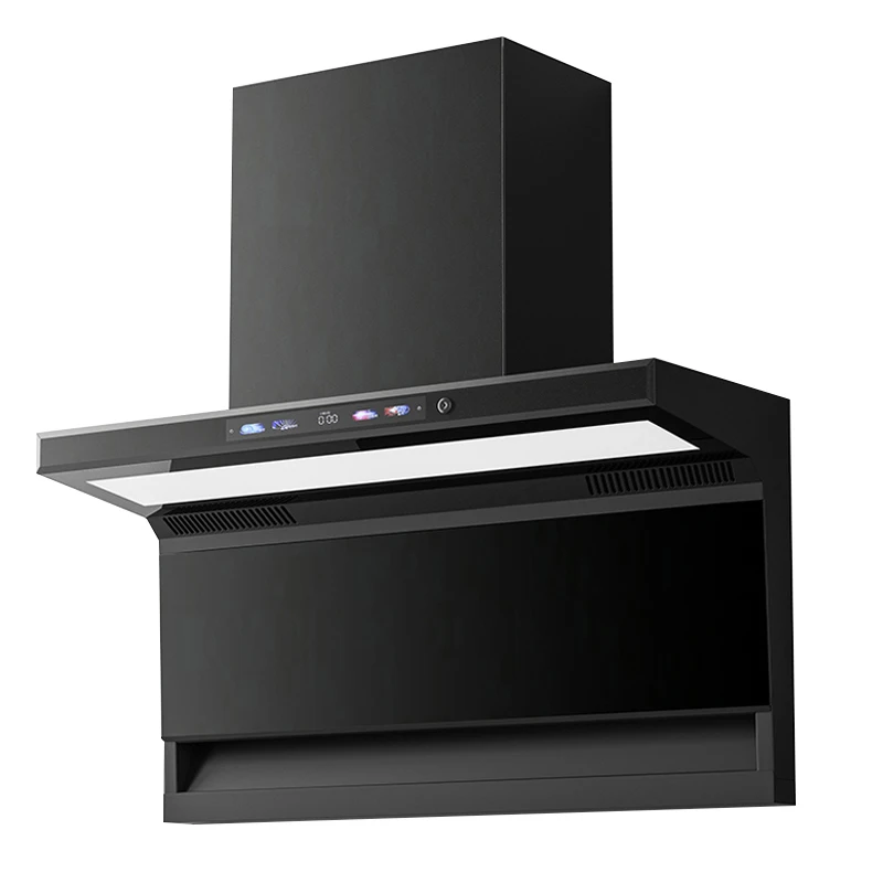 

7-Shaped Range Hood Smart Voice & Wave Control High Power Suction Power Top+Side Dual Vent for Home Kitchen