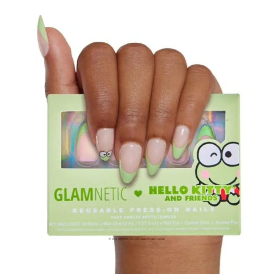 

Friends Press On Nails Keroppi Зеленый французский кончик Короткие миндалевидные графические ногти в глянцевой отделке для повседневного мы