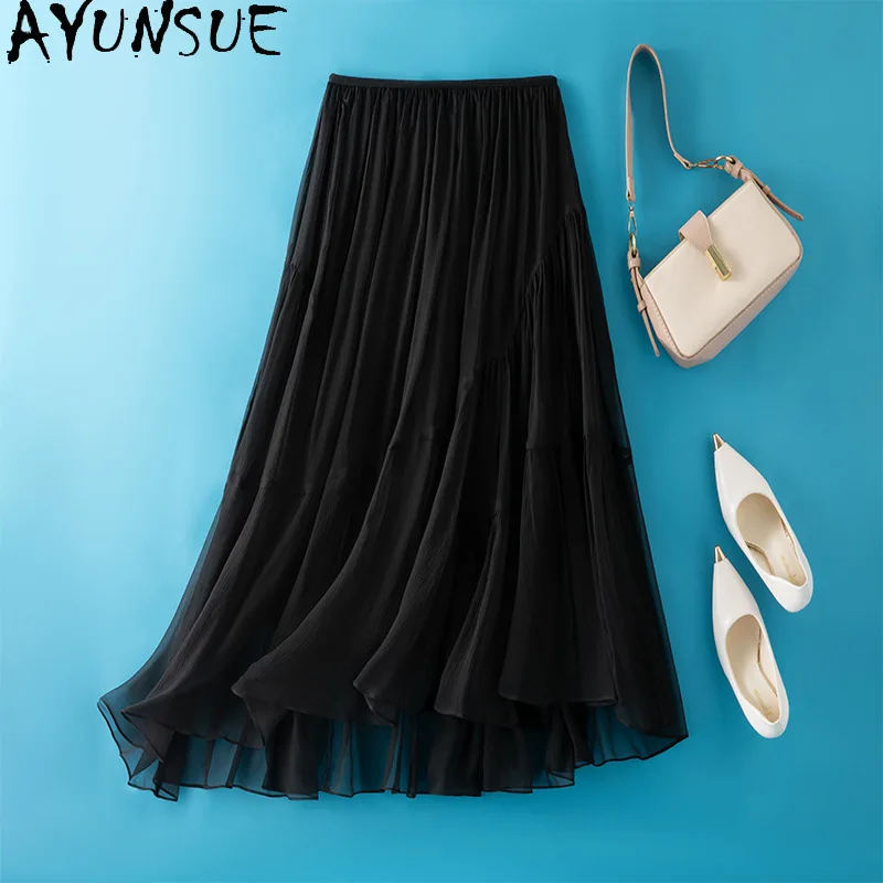 

AYUNSUE 100% Silk Women's Skirts Solid Gentle Skirts for Women High Waist Irregular Pleated Skirt Woman Clothes Юбка Женская