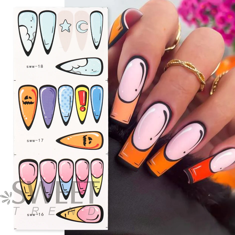 12pcs Graffiti Comic Book Nail Water Sliders Inspired Dimension Cartoon Design French Simple Line Full Cover Manicure Wrap LYSWW