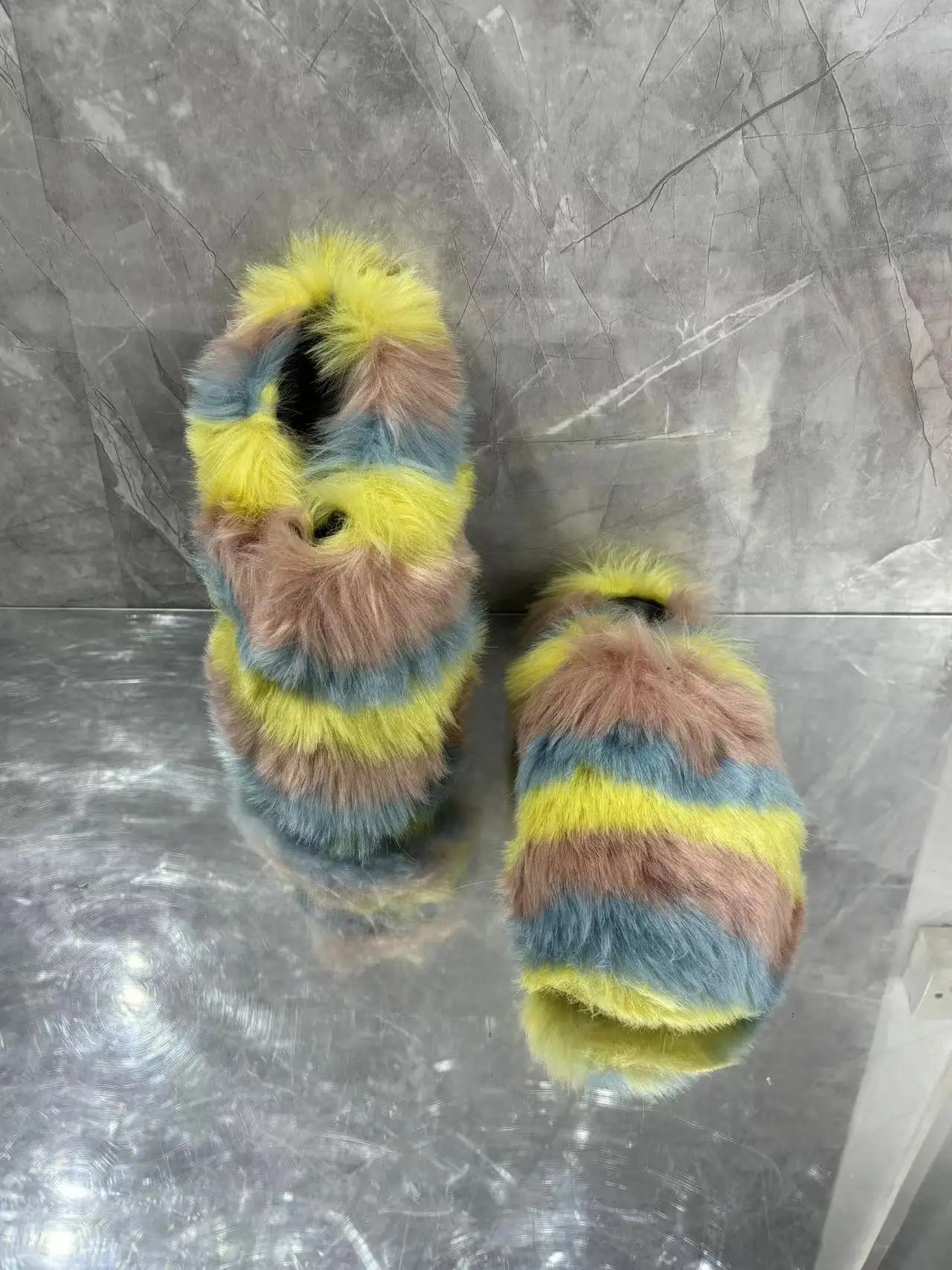 

Warmful Fake Fur Woman Men's Autumn Winter Mules Shoes Comfortable Slip On Full Back Round Toe Male Stripe Print Slippers Shoes