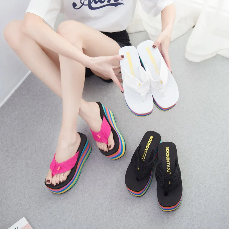 Slippers Women Summer High-Heeled Shoes Lady Slides Multicolored Sandals Platform Shale Female Beach Rubber Flip Flops Low Soft