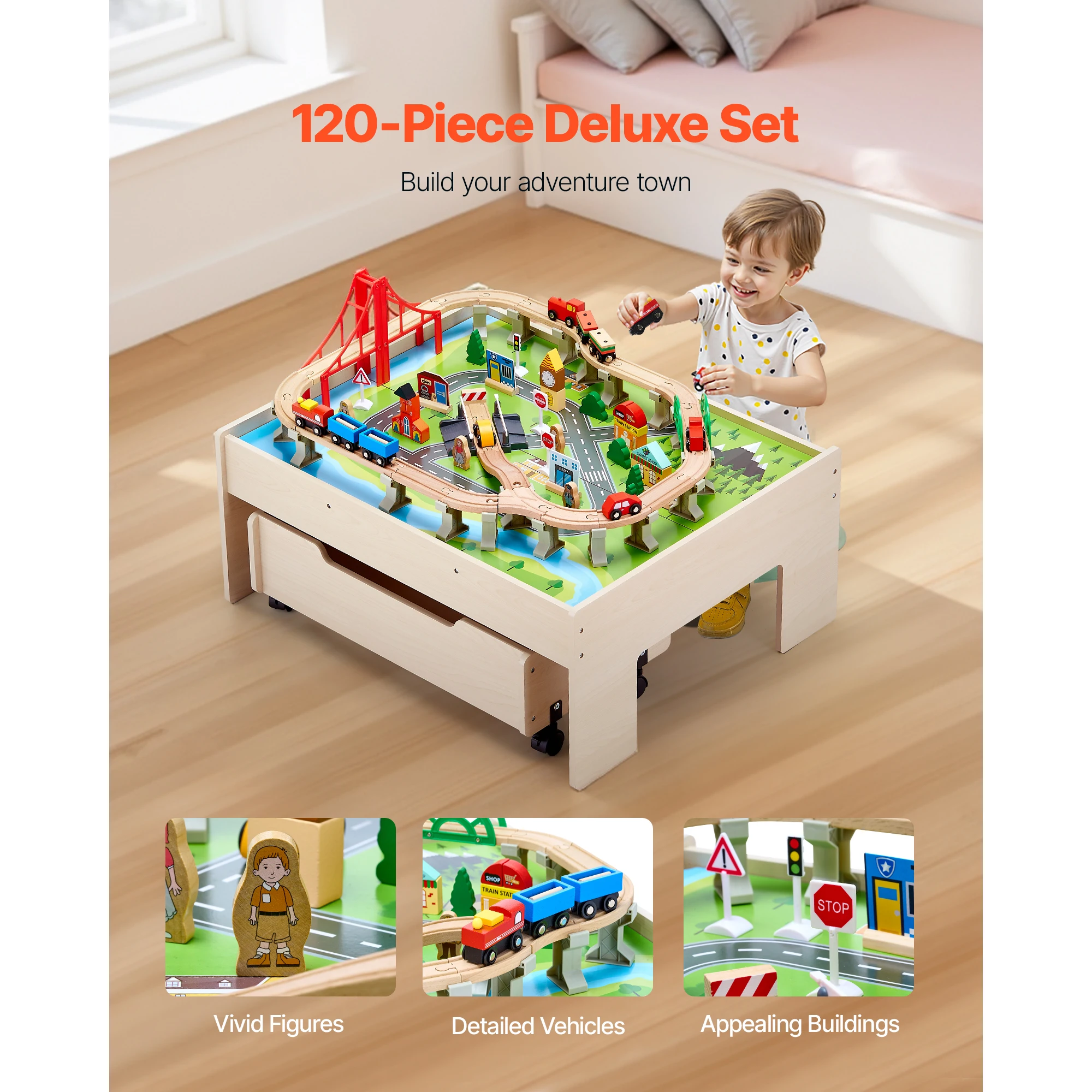 SucceBuy-mesa de tren de madera 3 en 1, juguetes, 100 Uds., mesa de actividades Multicolor para niños con cajón rodante para niños, juguete de dibujo