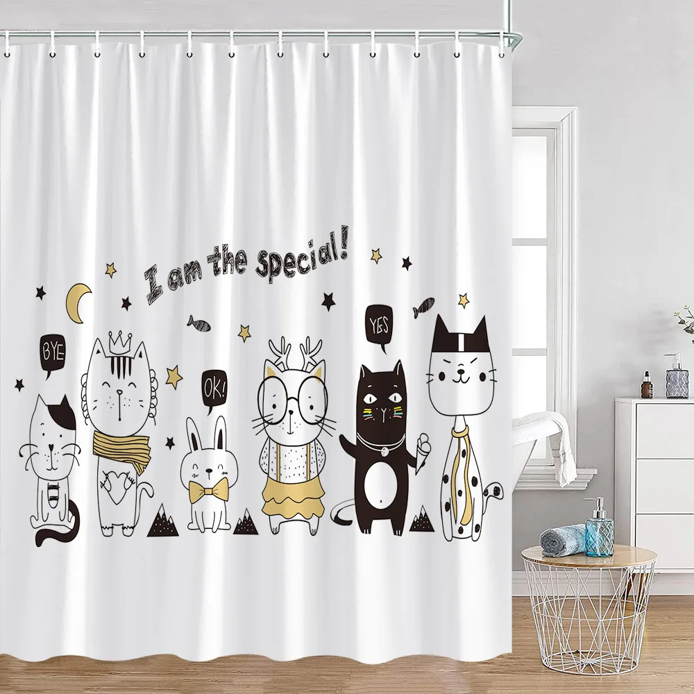 Cartoon Animals Kid Shower Curtains Hand-painted Simple Line Cute Cats Bathroom Decorations Kids Children Bath Curtains for Home