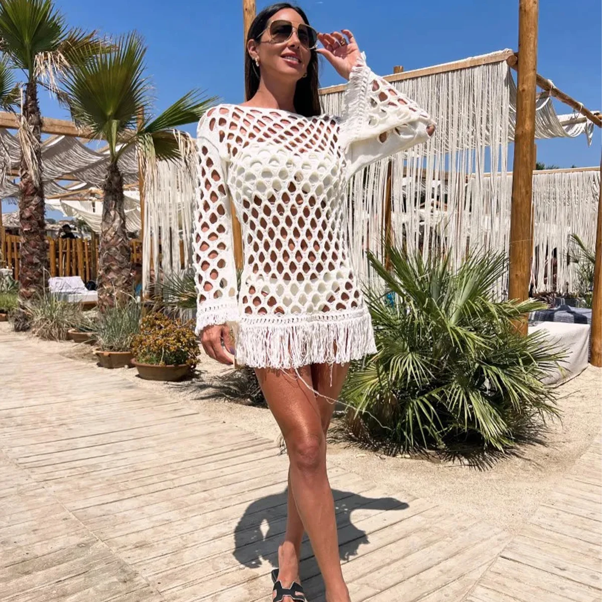 2024 New Beach Cover Up Bikini Crochet Knitted Tassel Tie Beachwear Summer Swimsuit Cover Up Sexy See-through Beach Dress