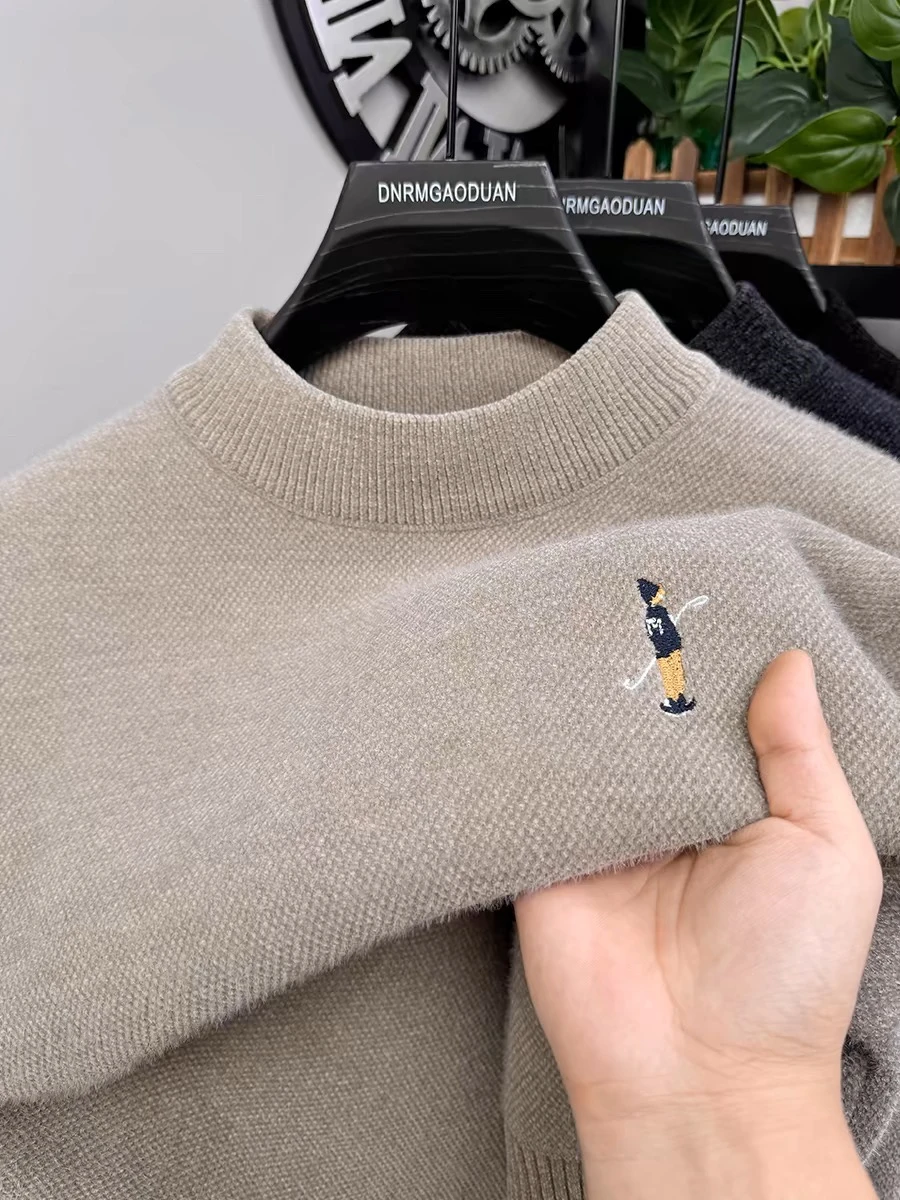 

High quality men's round neck knitted sweater autumn winter fashion cartoon embroidery warm thick design Korean style pullover