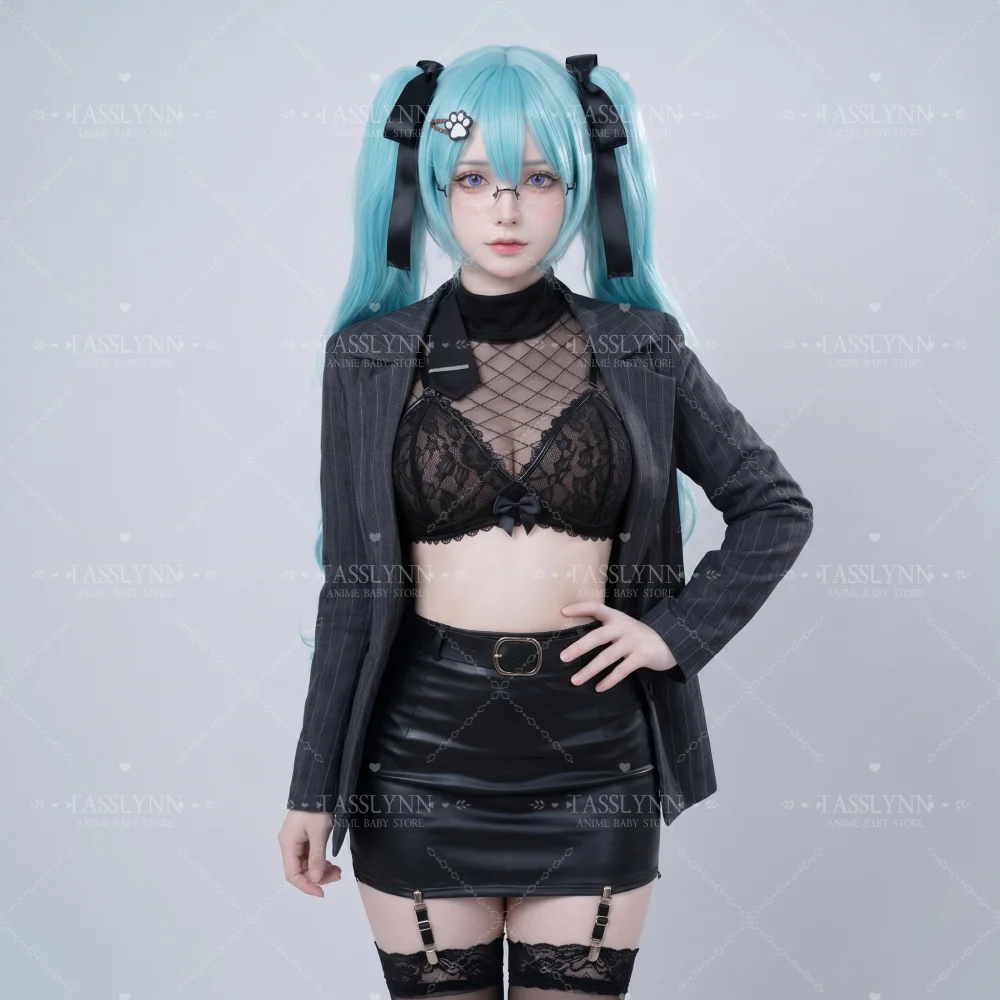 NIKKE Privaty Cosplay Full Outfit Set, Striped Blazer Lace PU Skirt Secretary OL Costume, Women Game Cos for Comic Con Halloween view 6