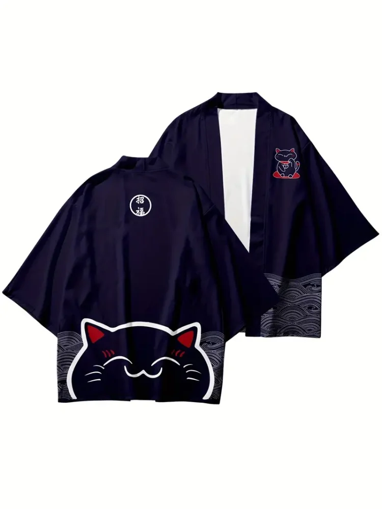 Japanese Summer Traditional Men's Short-sleeved Cardigan Lotus Koi Printed Men's Kimono Japanese Casual Beach Beach Cardigan