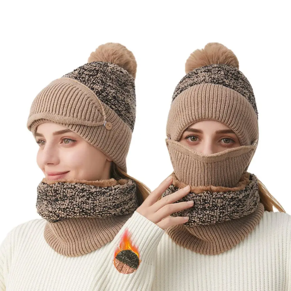 

Thickened 3 in-1 Winter Beanie Hat with Pompom Slouchy Fleece Lined Hooded Neck Gaiter and Mask Warm Knitted Skiing Hat Set