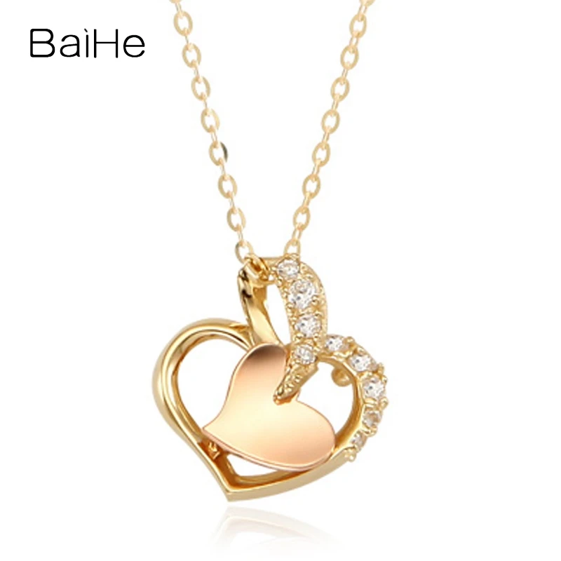 BAIHE Real Solid 14K Yellow+Rose Gold Natural Diamond Heart Necklace Women Wedding Fine Jewelry Making Collier Coeur שרשרת לב