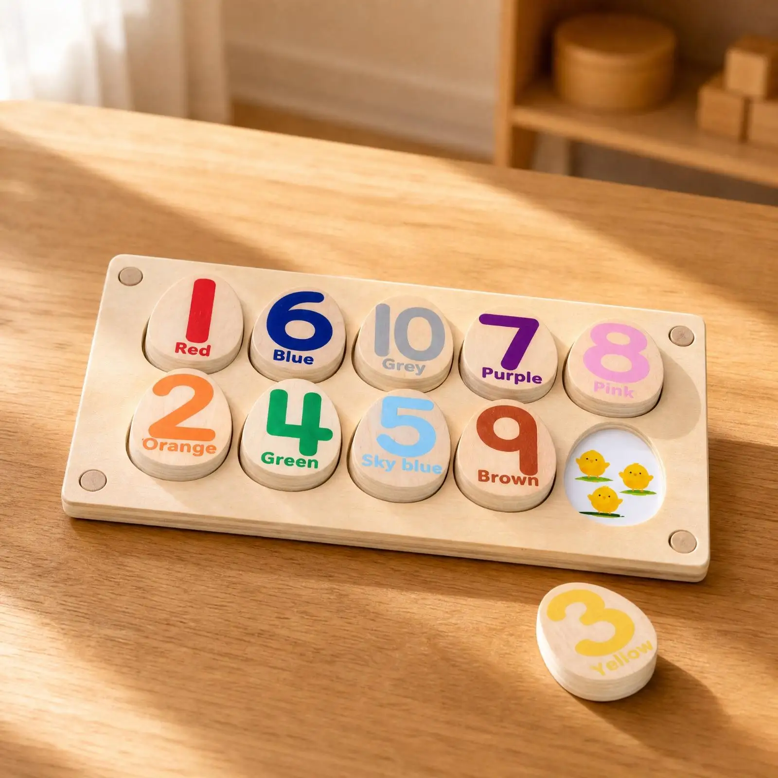 Interactive Wooden Arithmetic Puzzle for Children with Colorful Egg Tiles and Number Recognition Game