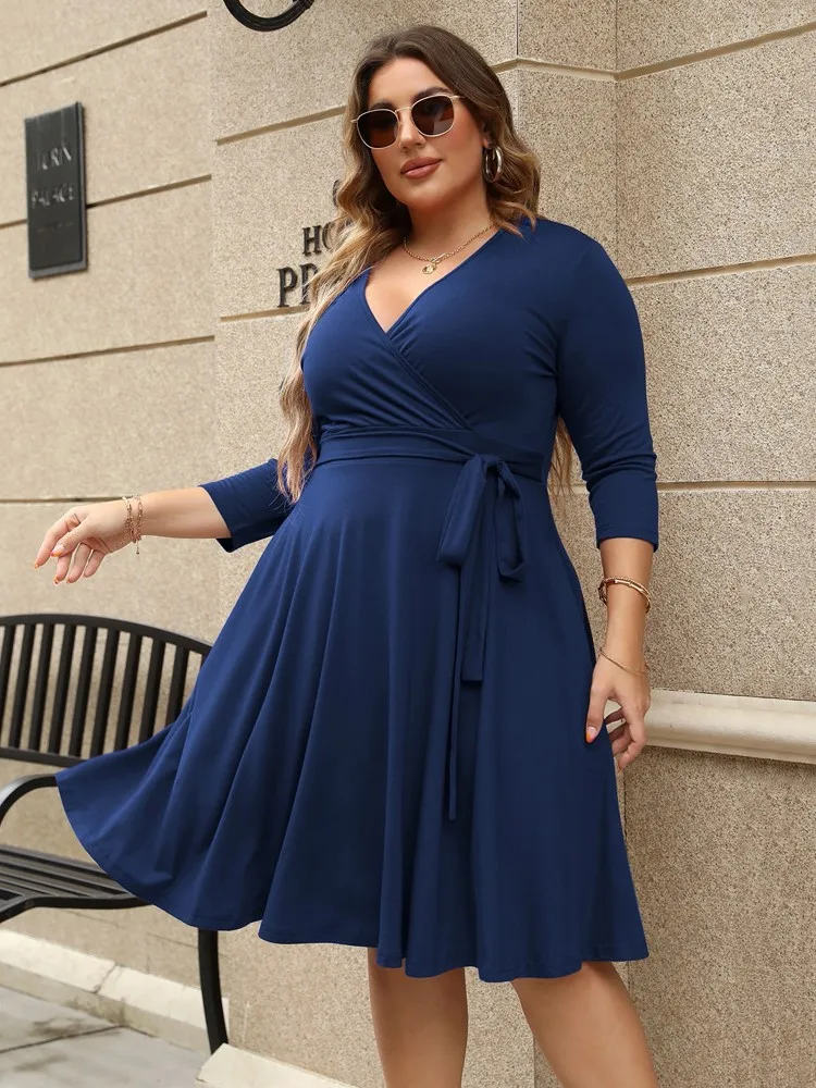 Plus Size letnia sukienka Midi damska z dekoltem w szpic elegancka, z falbanami sukienki damskie wysoka talia luźna plisowana kobieta sukienka