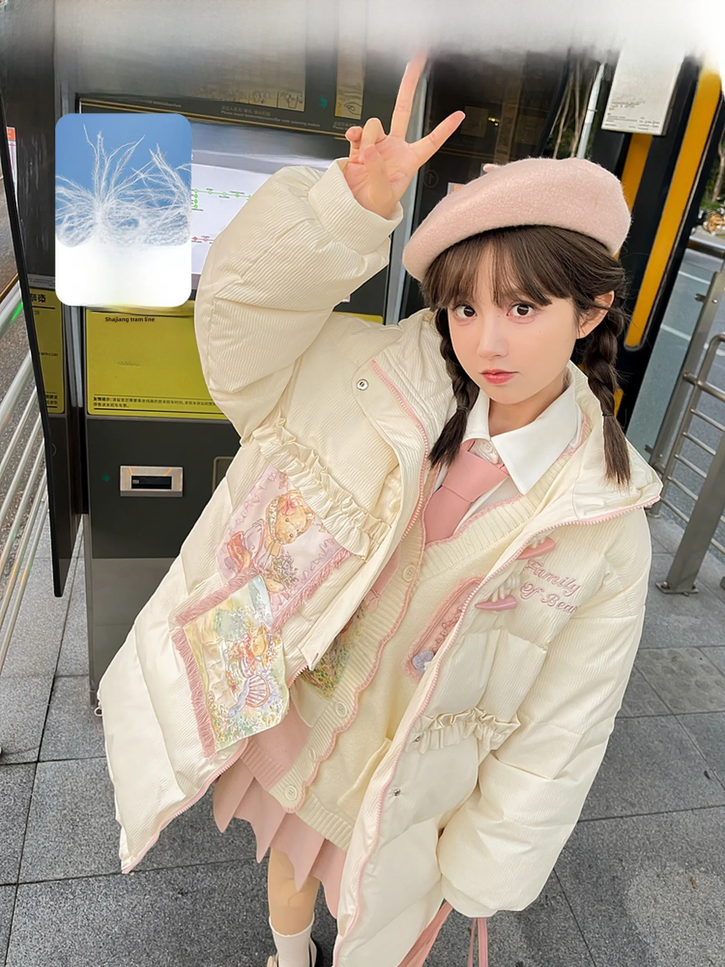 

Cure-Sle Bread Design Du down Jaet Medium-Length Women's Coat Artistic Oil Painting Sle Cry Bear Forest Girl Original