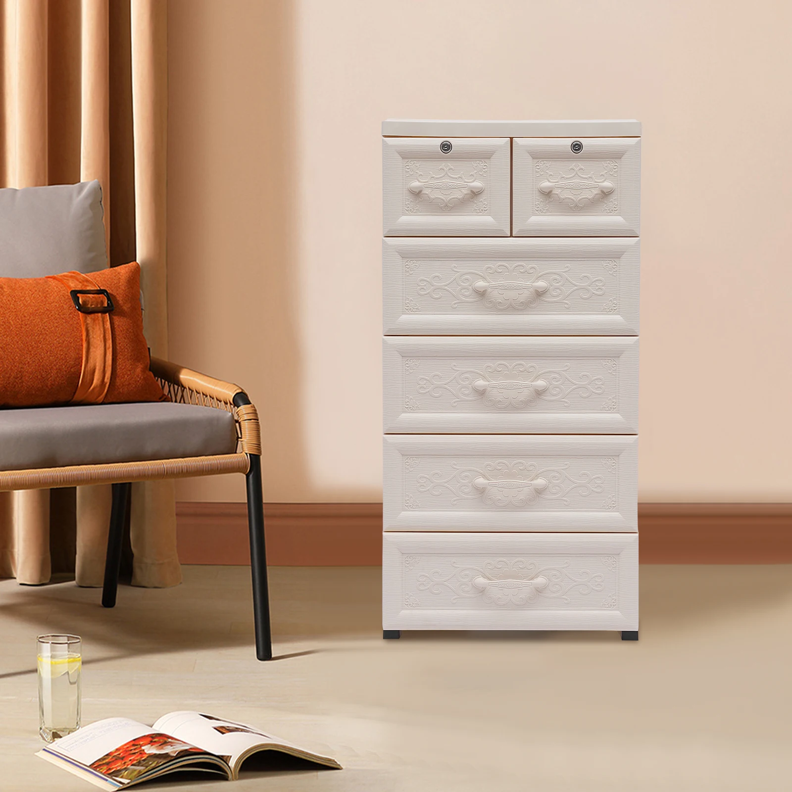 

6-Drawer Bedroom Clothing Storage Cabinet w/ Rollers Floor Free Standing Storage Cabinet Tall Plastic White