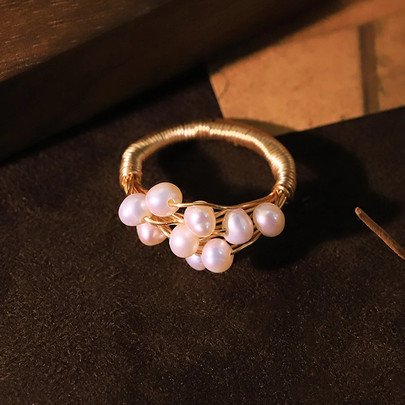 Natural Freshwater Pearl Wire-wrapped Ring Handmade Ring Banquet Wedding Women's Jewelry Accessories Fashion Jewelry