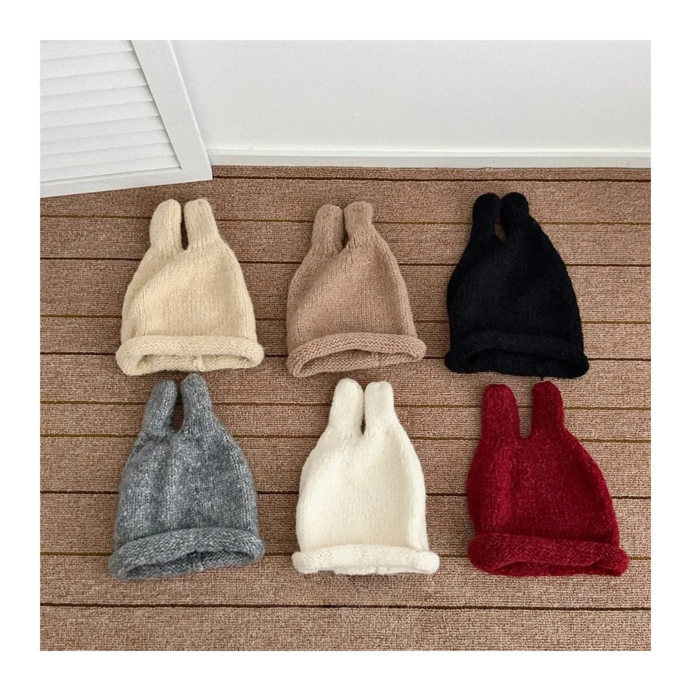

2025 Christmas Kids Warm Knitted Hat Cute Rabbit Ear Cuffed Beanie Autumn Winter Fashion Baby Toddler Boys GirlsThick Skull Cap