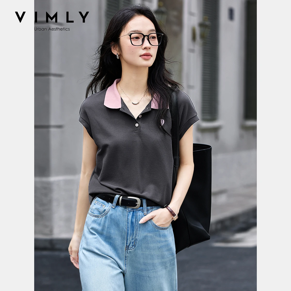

VIMLY Polo Collar T-shirt Women's Summer 2025 Casual Knitted Contrasting Color Balloon Embroidery Loose Short sleeve Top A1870