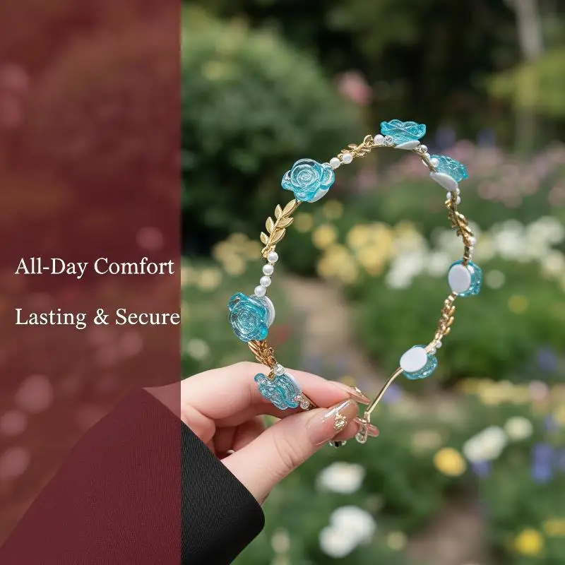 Elegante Rosenblüten-Stirnbänder mit Kunstperlen und goldenen Blättern für Hochzeiten, Brautpartys und den Alltag. – Detail 2