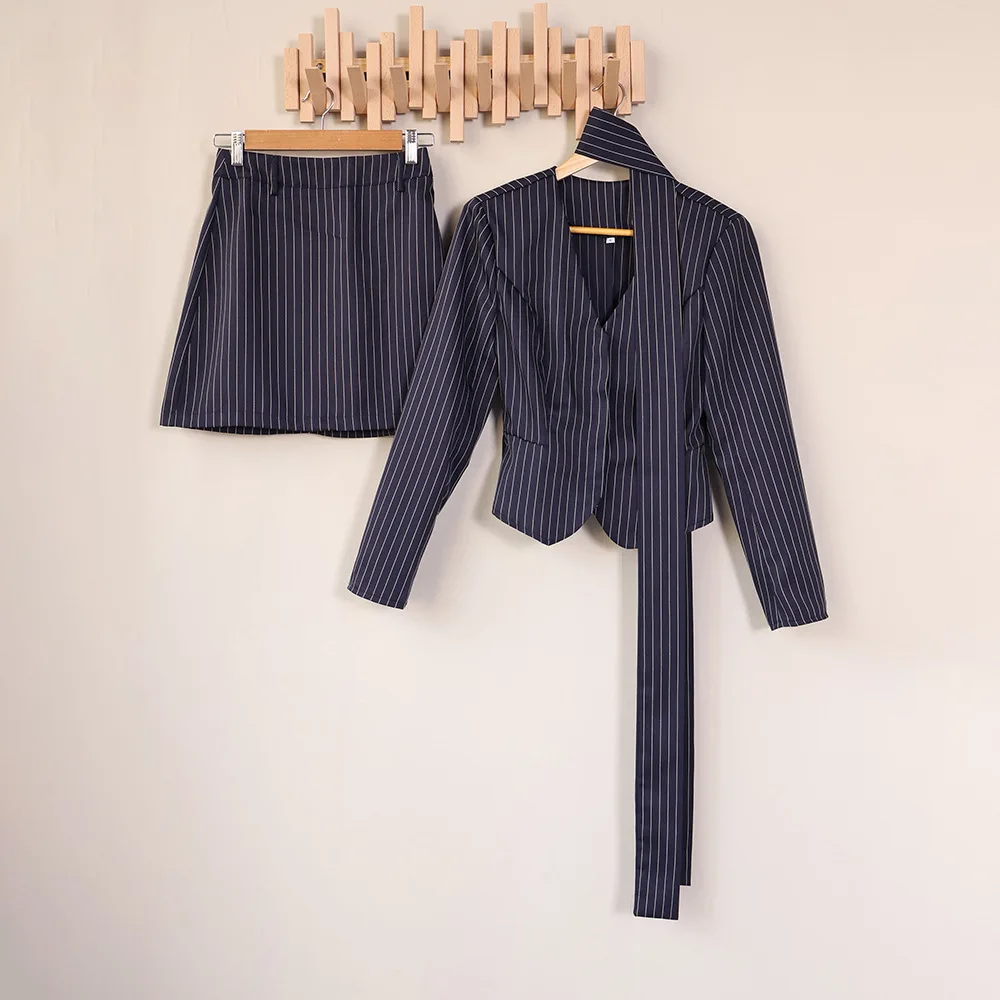 

Shpmishal Navy Stripe Blazer Set Women V-Neck Tie Detail Waist-Cinching Skirt Suit 2026