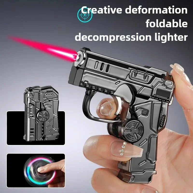 Multi Functional Folding Dual Form Decompression Gyro Gun Shaped Lighter Windproof Red Flame Cool Colorful Lantern
