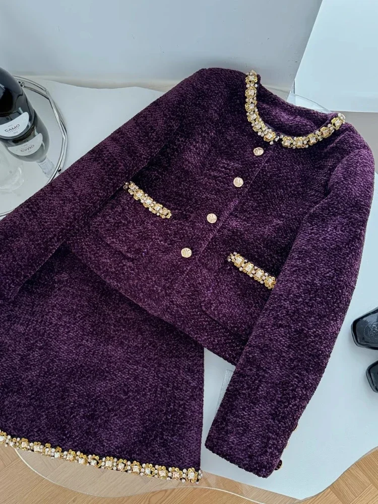 Purple Elegant Sets Dress Autumn Winter High Quality Beaded Stitching Coat High Waist A-Line Skirt Slim Office 2-Piece Set Women