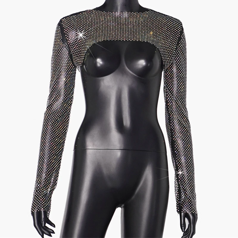 Damen AB Strass Netzstoff Langarm Crop Top Glänzendes Funkelndes Mesh Durchsichtiges Cover-Up Top Sexy Nachtclub Rave Party Festival – Detail 10