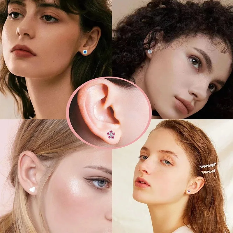 1 Pair Stainless Steel Hypoallergenic Round Zircon Tragus Cartilage Ear Piercing Opal Heart Flatback Stud Earrings Jewelry