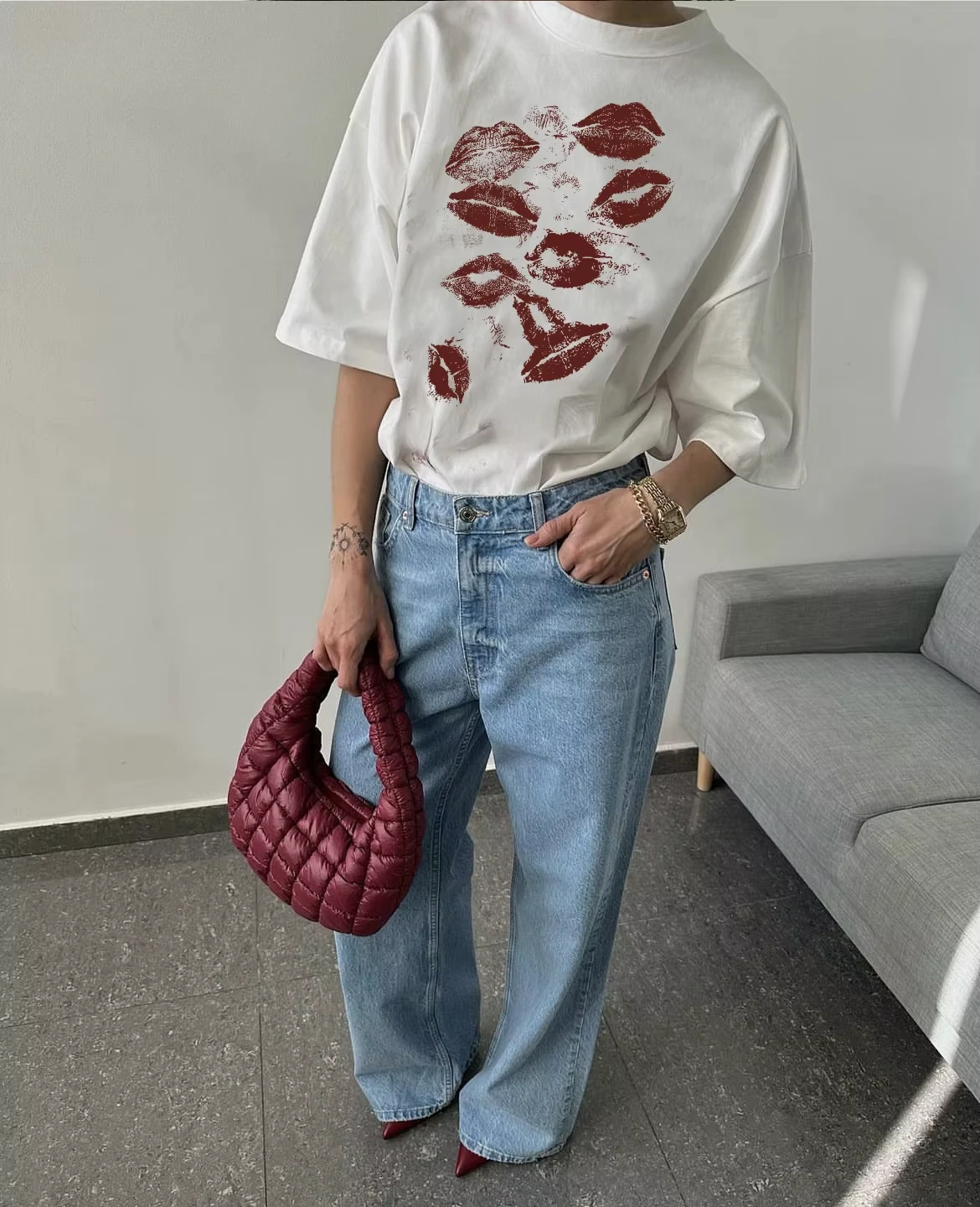 Trendy Y2k Street American Sexy Lips Printed T-shirt Summer Ins Women Cotton Soft Sleeves Oversized Retro Personality Gothic Top