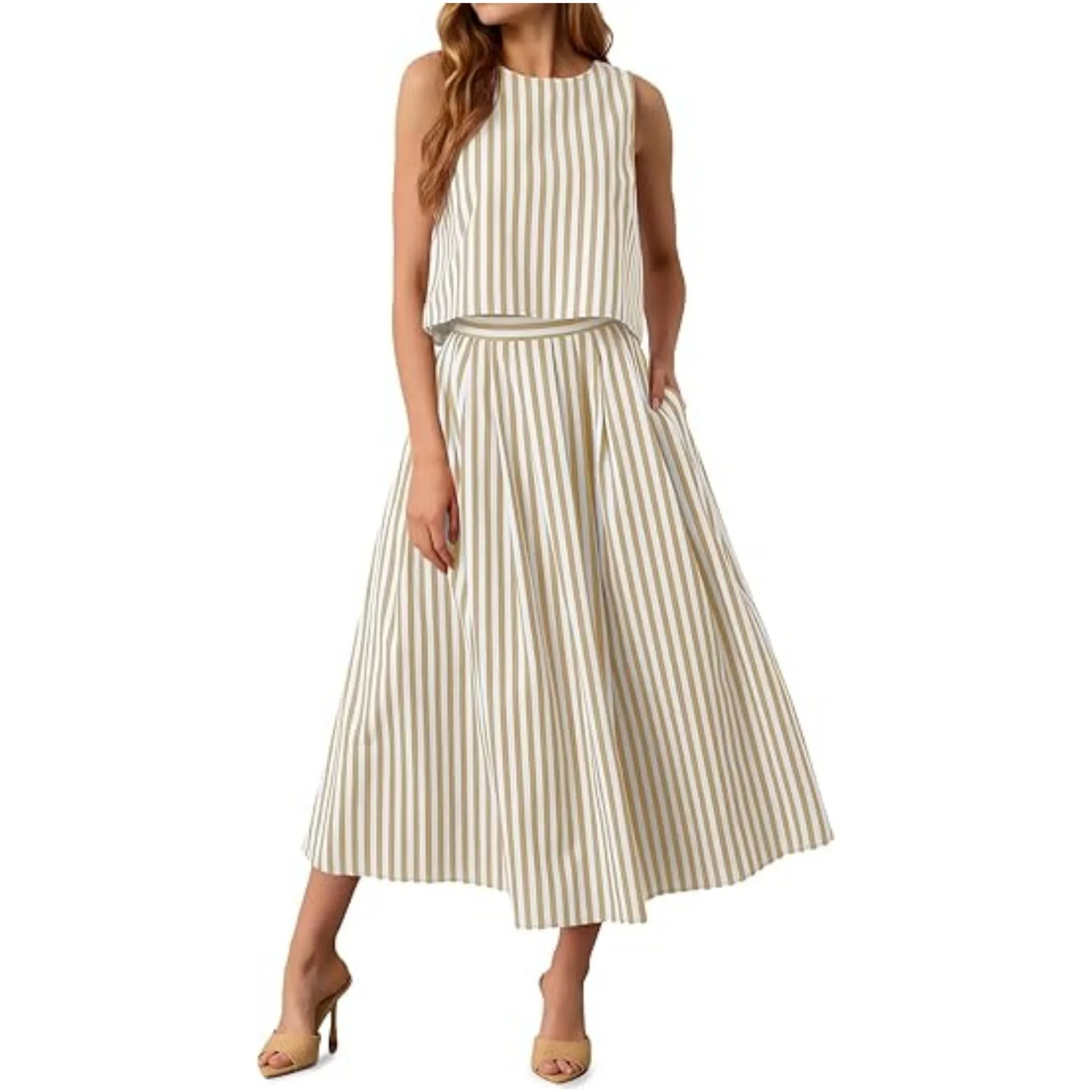Women Two Piece Vacation Sleeveless Outfit Spaghetti Strap Tops and Maxi Skirts with Pockets Crew Neck Vest Swing Long Skirt Set
