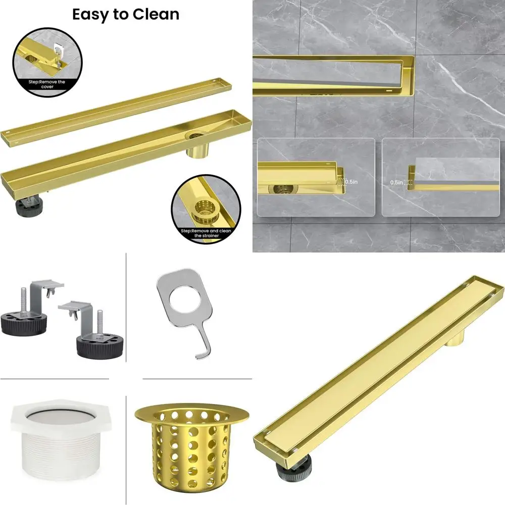 

30 Inch Brushed Gold Linear Shower Drain with Reversible Tileable Cover and Hair Catcher