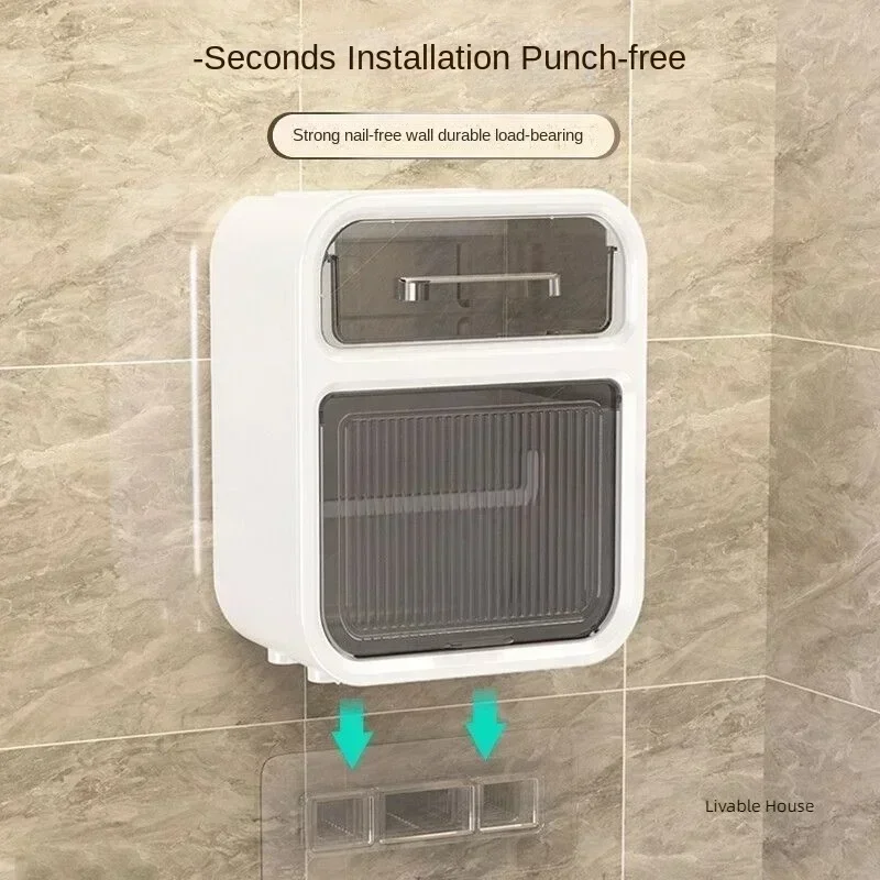 Toilet Tissue Box, Wall Mounted Roll Paper Tube, Paper Drawer, Storage, Bathroom Double Layer Storage Rack Toilet Roll Holder image 3