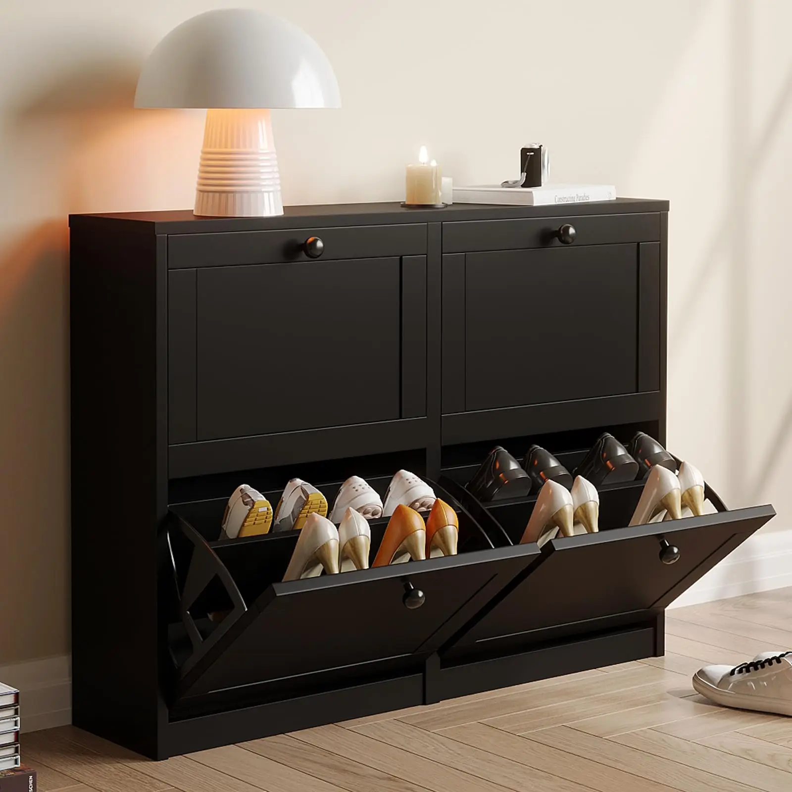 Shoe Cabinet with 4 Flip Drawers, Freestanding Shoe Storage Cabinet with Adjustable Shelf & Anti-Tipping Device, Shoe
