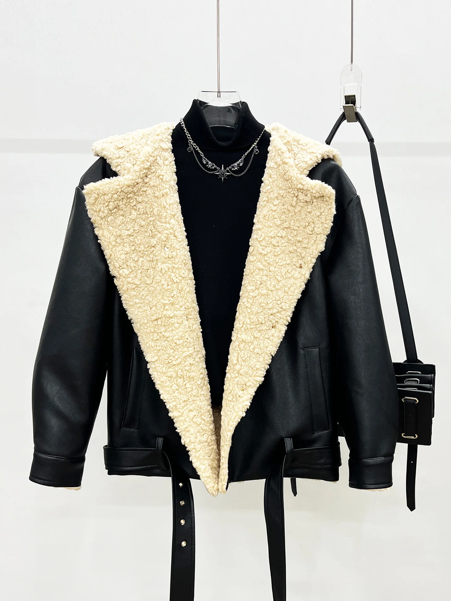 

Мужская повседневная куртка свободного кроя из искусственной кожи с отделкой из овечьей шерсти, с поясом, зимняя теплая утолщенная куртка-косуха для молодежи