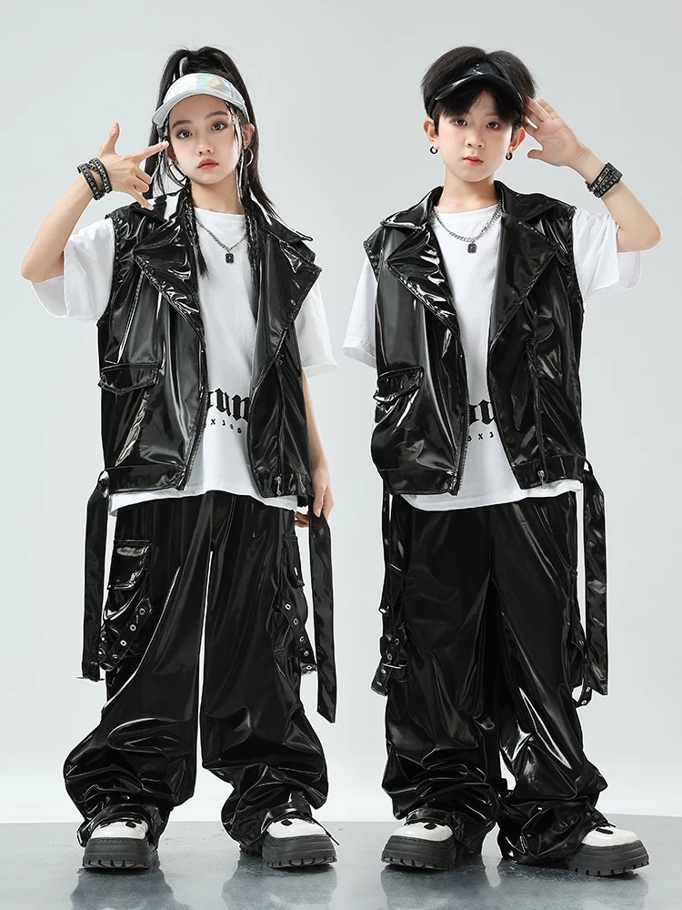 Kids Hip Hop Dance Costume Cool Black Leather Vest Pants Boys Street Dance Drum Show Clothing Girls Jazz Stage Outfits BL13432