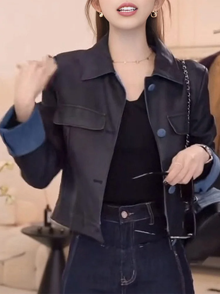 

Korean Design Sense Color Block Leather Jacket Women's Loose Versatile Short Style Autumn New Arrival Fashionable Top