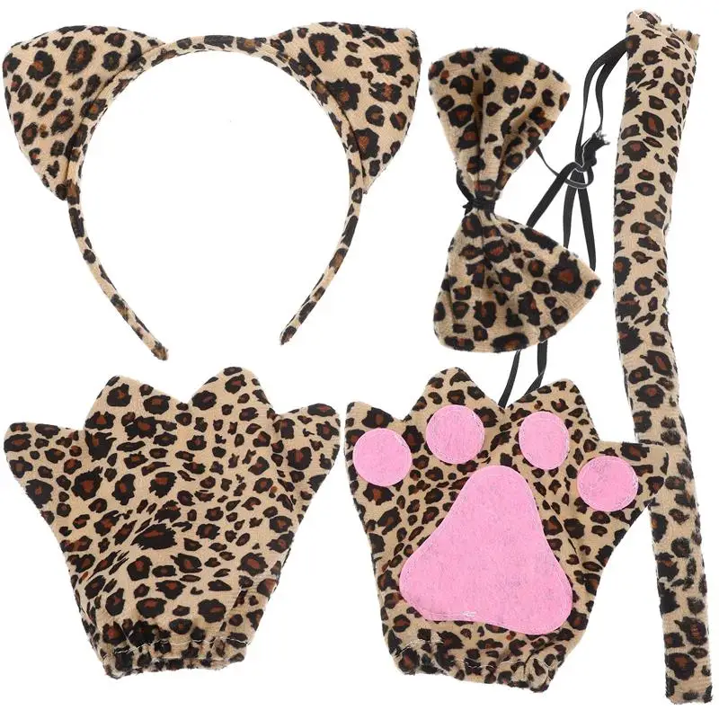 

1 Set Leopard Ear Headband Party Props Leopard Ears And Tail Set Animals Gloves Bow Tie Tail For Adult Party Costume Accessories